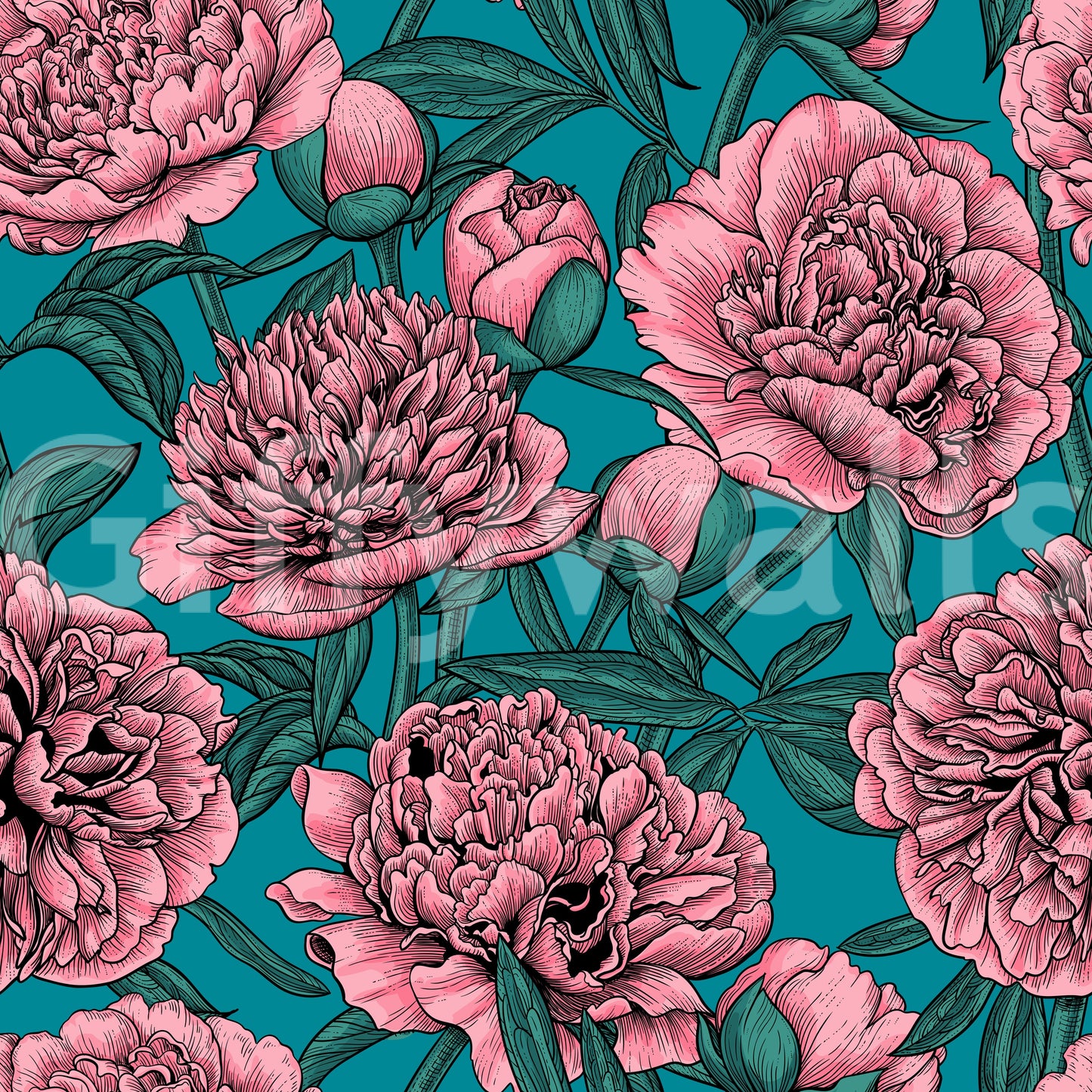 Carta da parati botanica romantica con peonia turchese