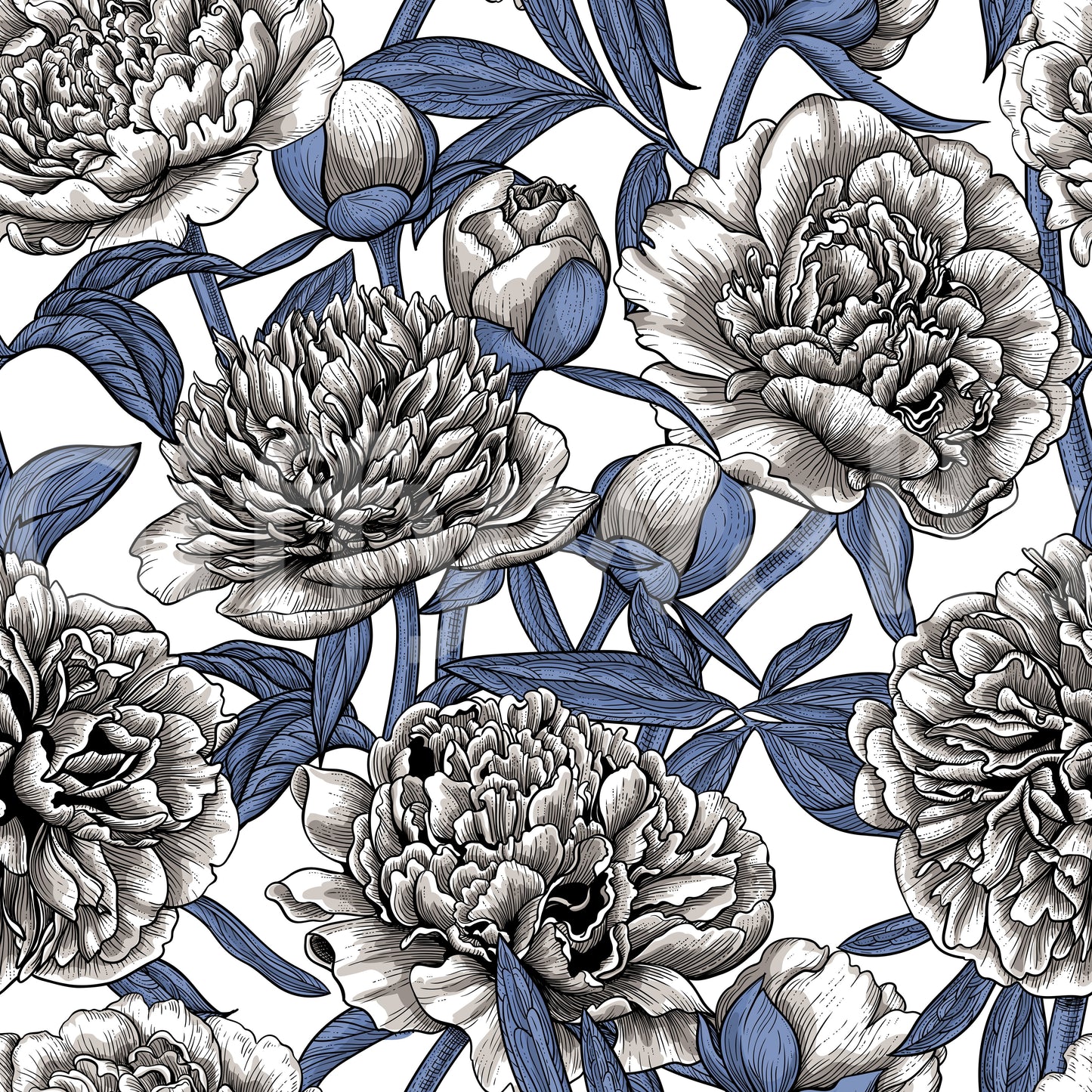 Papier peint vintage bleu et crème avec pivoines gravées