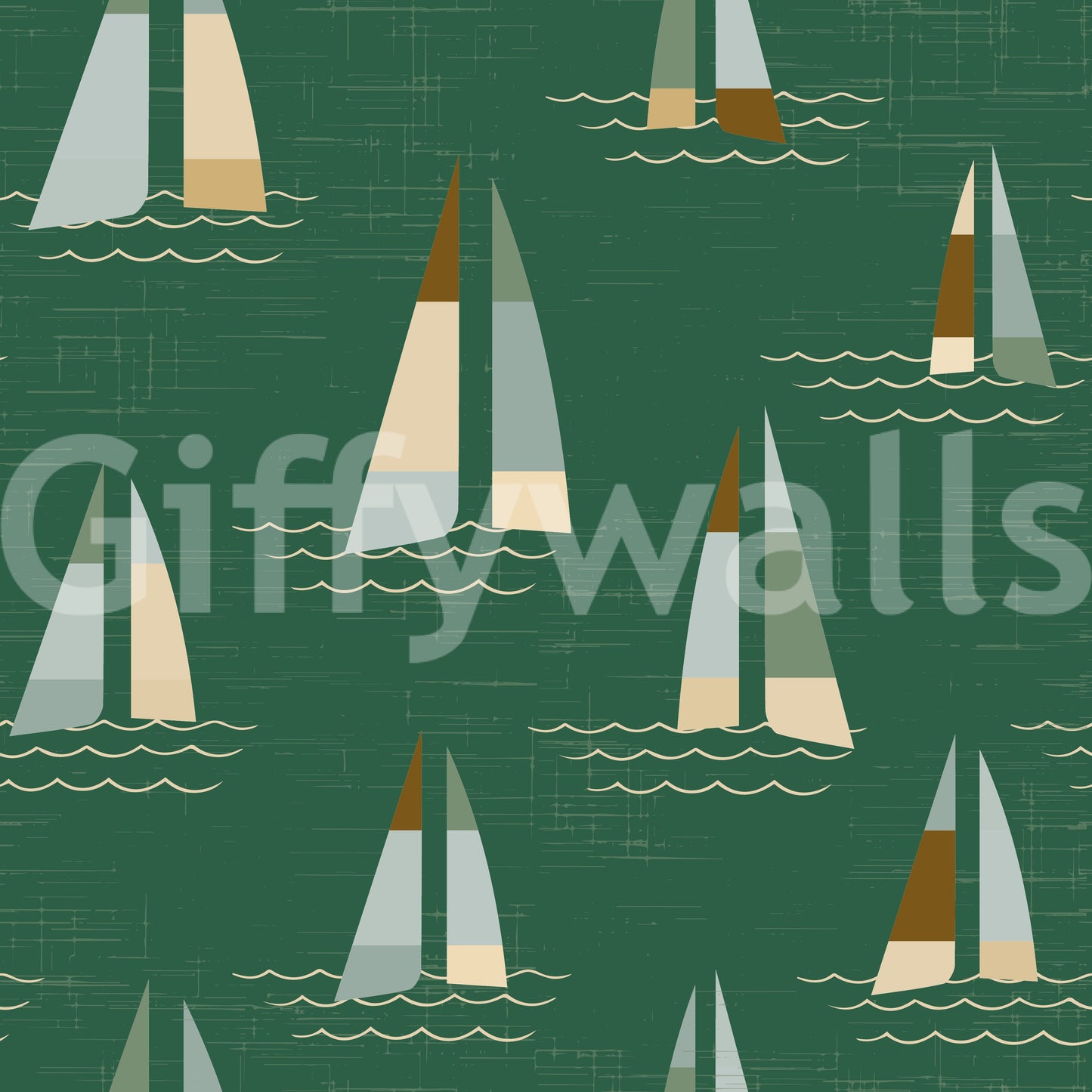 Tapete mit smaragdgrünen Segelbooten im Mid-Century-Stil