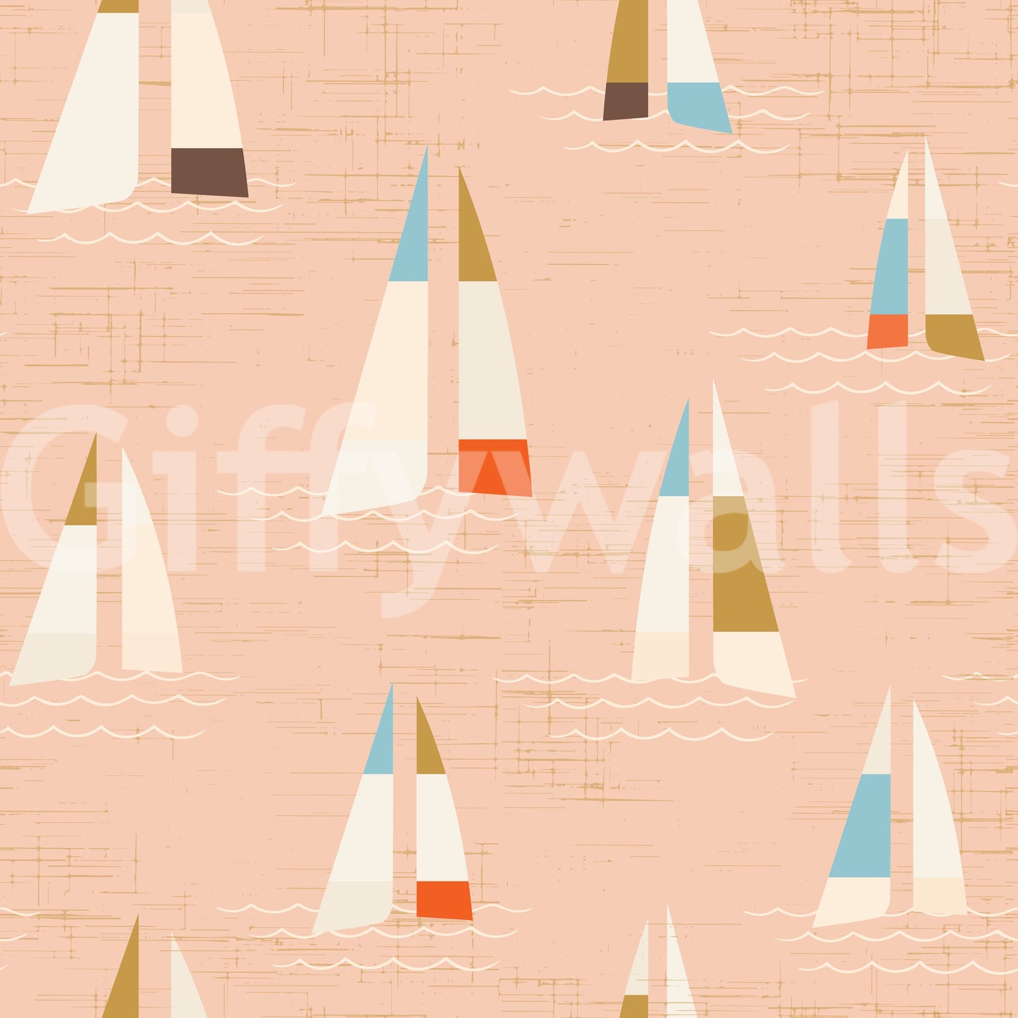 Pfirsichfarbenes Mid-Century Segelboote Tapete
