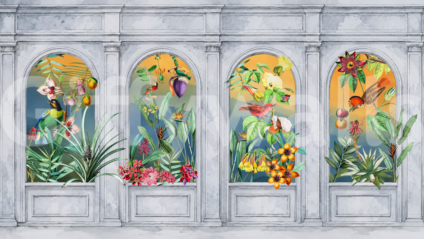 Mural de Pared Vintage Tropical con Columnata