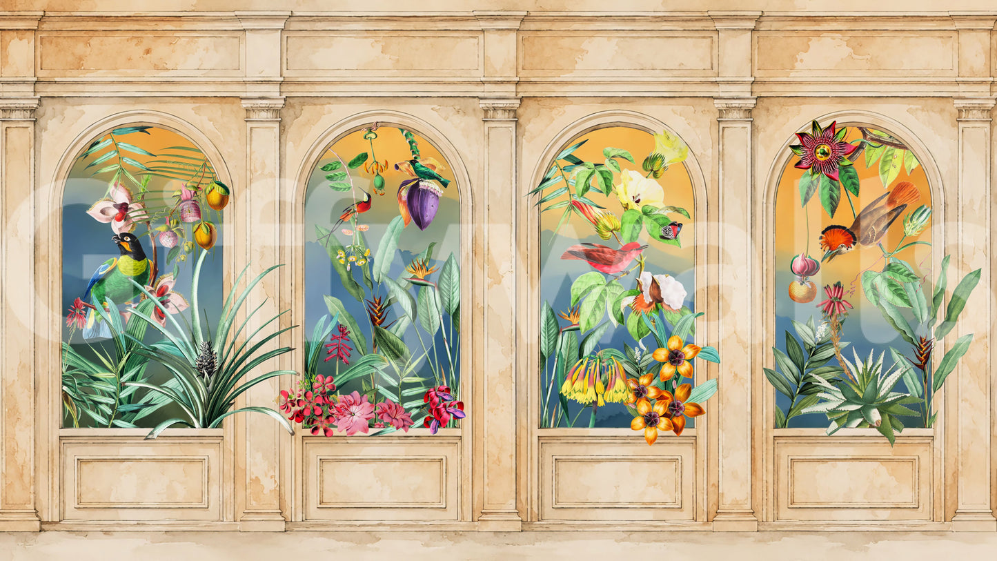 Vintage Archway Tropical Birds Mural Wall Mural