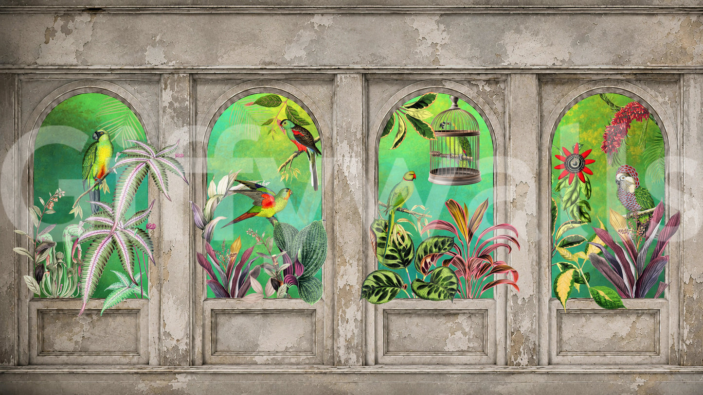 Murale da parete con archi vintage e uccelli tropicali