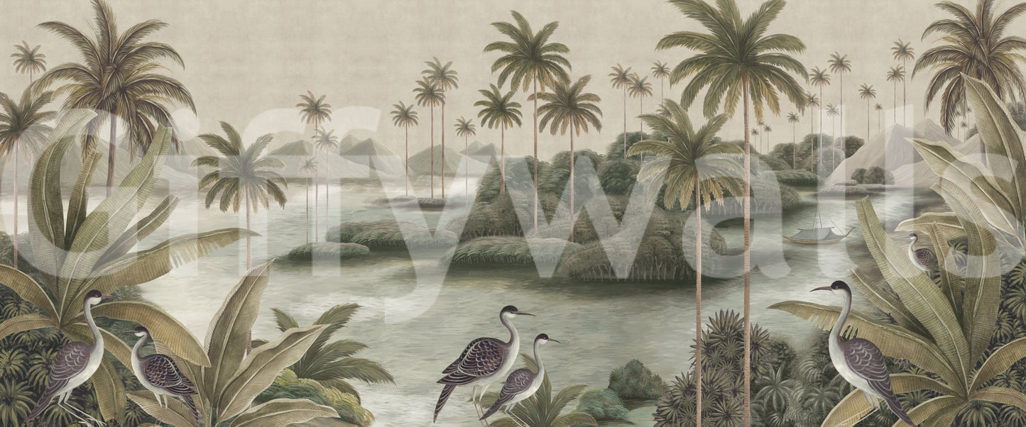 Vintage Chinoiserie Palme & Hærfugl Vægmaleri