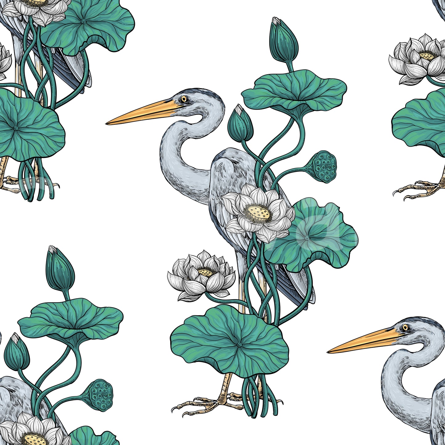 Reiger in de Witte Lotus Tuin op wit behang