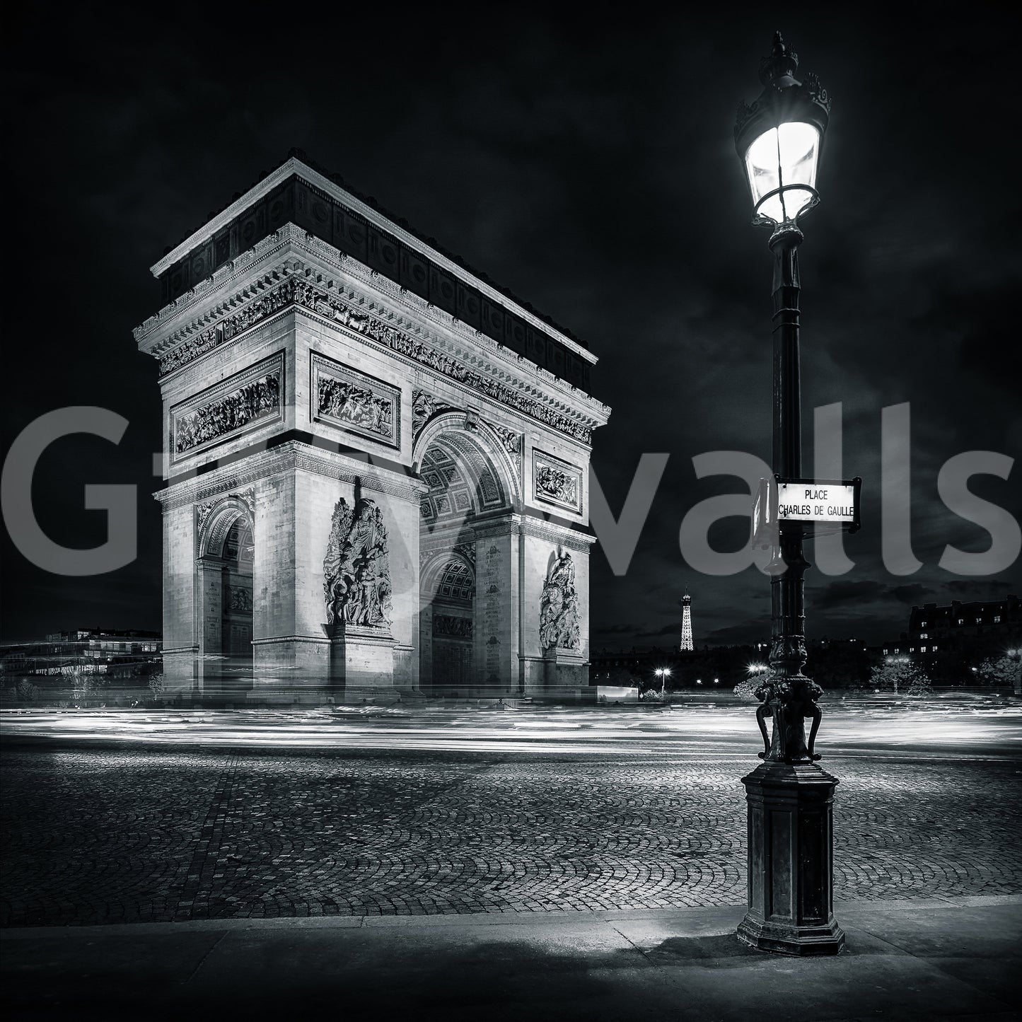 Carta da parati murale Archi di Parigi a mezzanotte e scie luminose