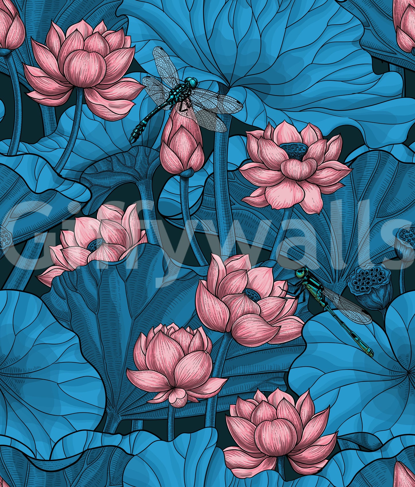 Papier peint Étang de lotus zen avec libellules en rose et bleu