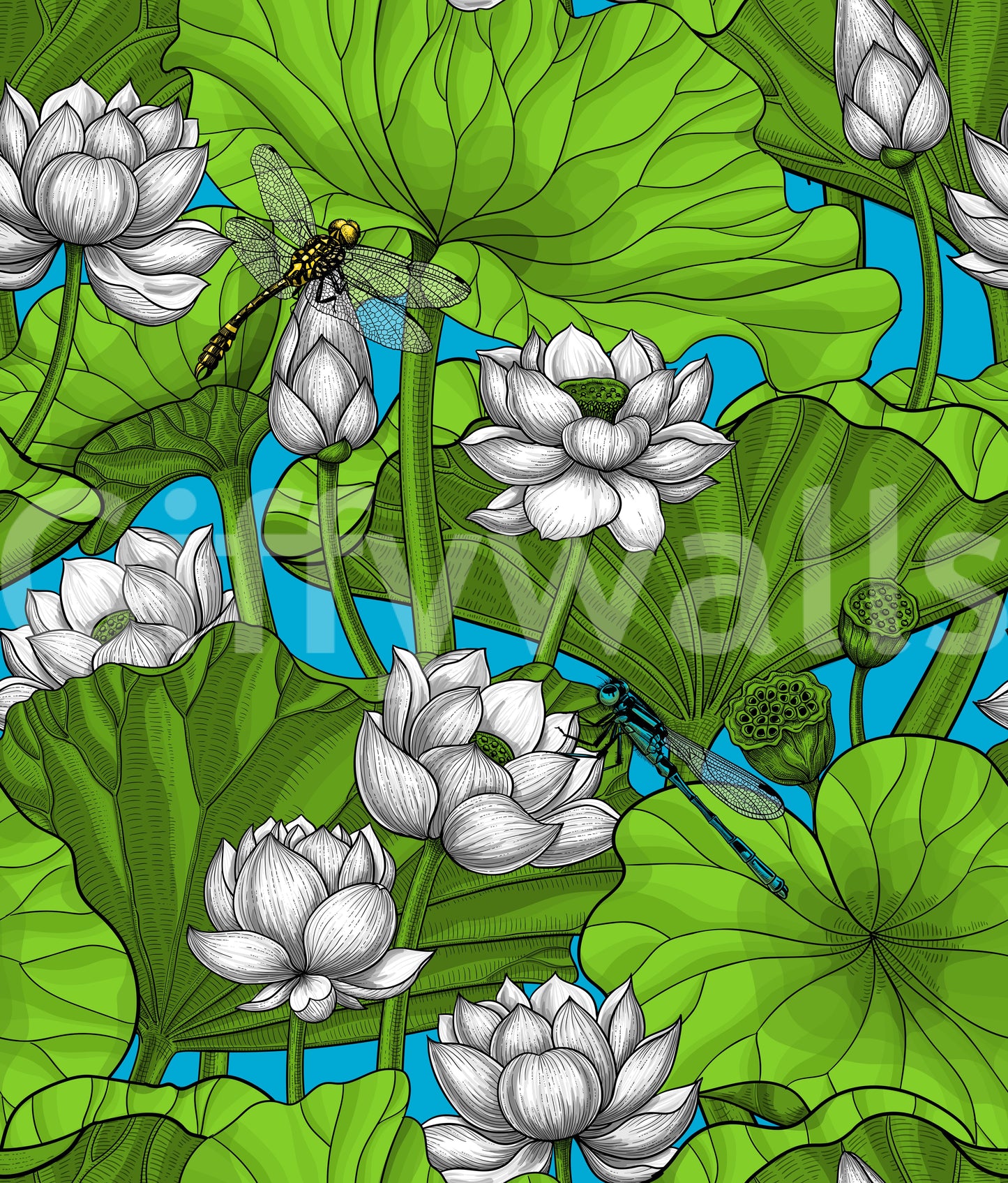 Papier peint Étang de lotus zen avec libellules en blanc et vert
