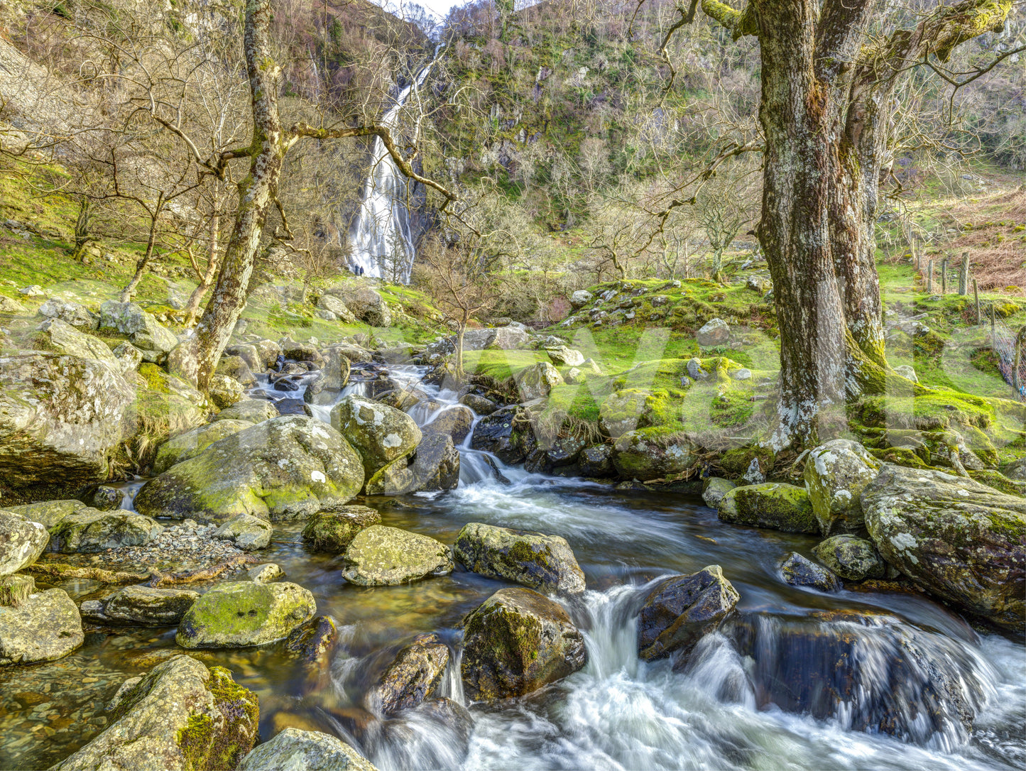 Wandbild mit kaskadierendem Wasserfall im Hochland