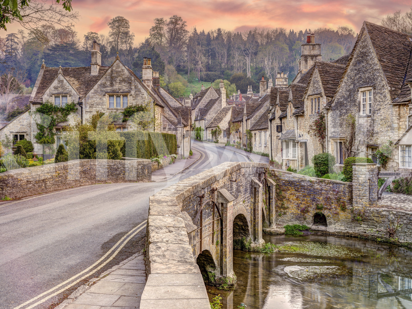 Wandbild Sonnenuntergang im Dorf Cotswold