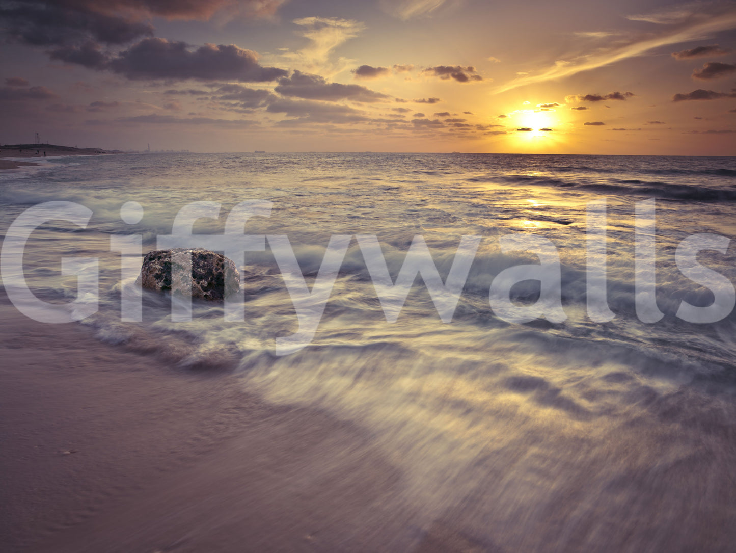 Wandbild Goldener Sonnenuntergang am Meeresufer