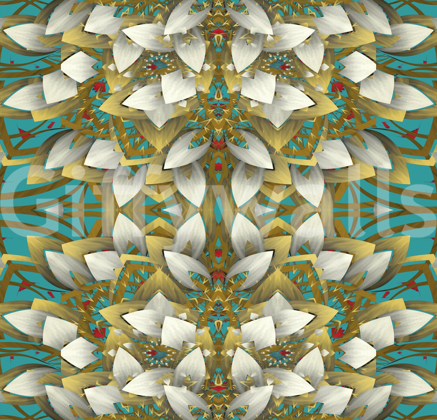 Tapete mit geometrischem Muster in Blaugrün und Gold – IKEBANA DESIGN Tapete