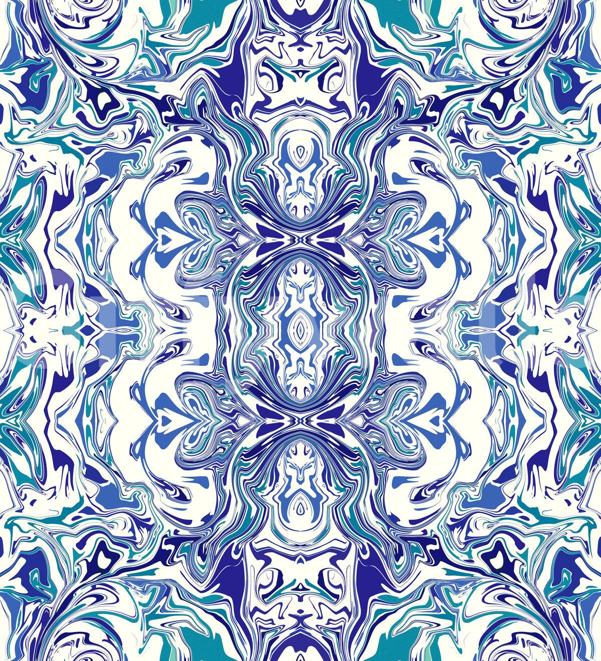 Prussian blue grounds the Andorra tile wallpaper around a mirrored ivory centre GD11494