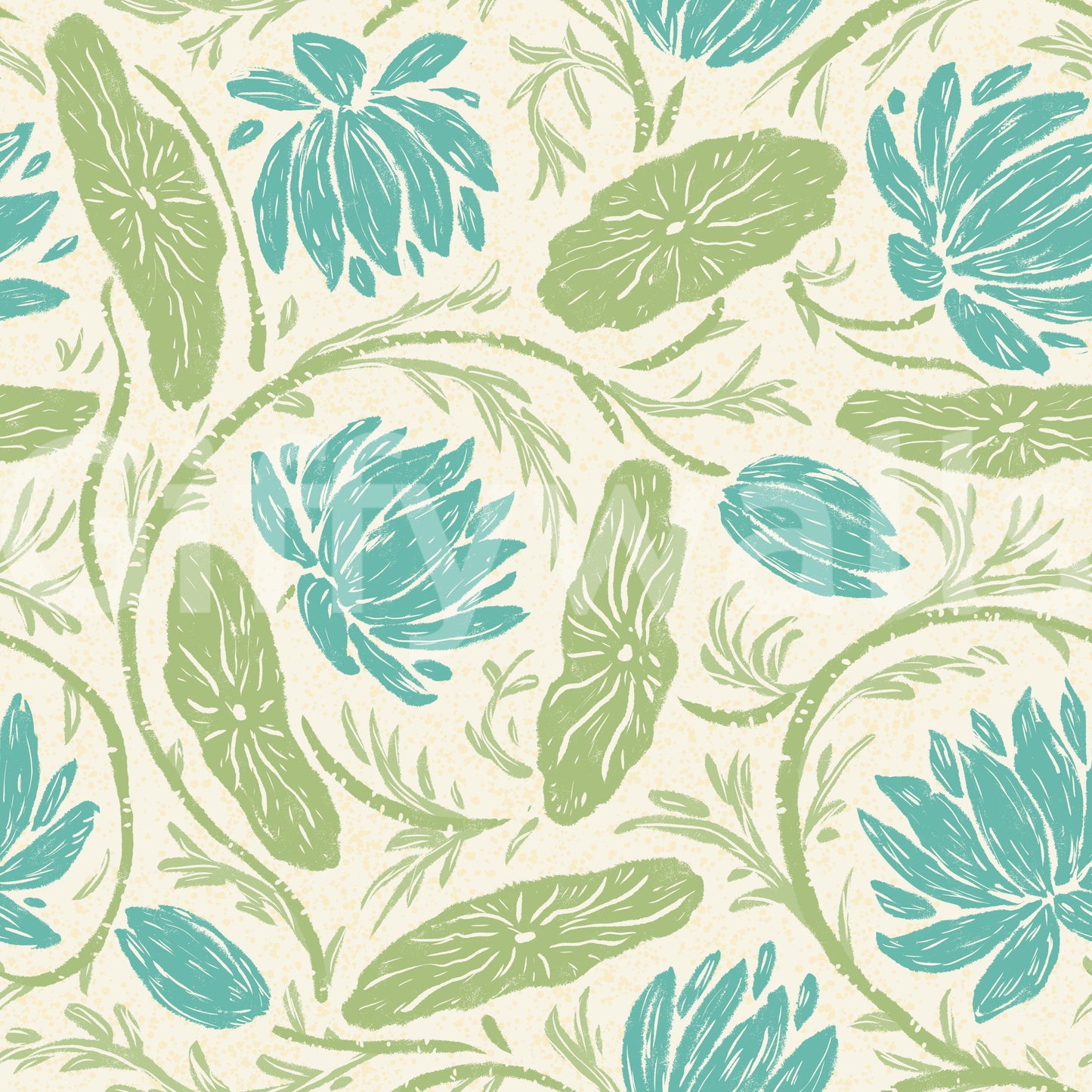 Lotus - Botanical Trailing Water Lily Floral Block Print- Blue and Green Wallpaper