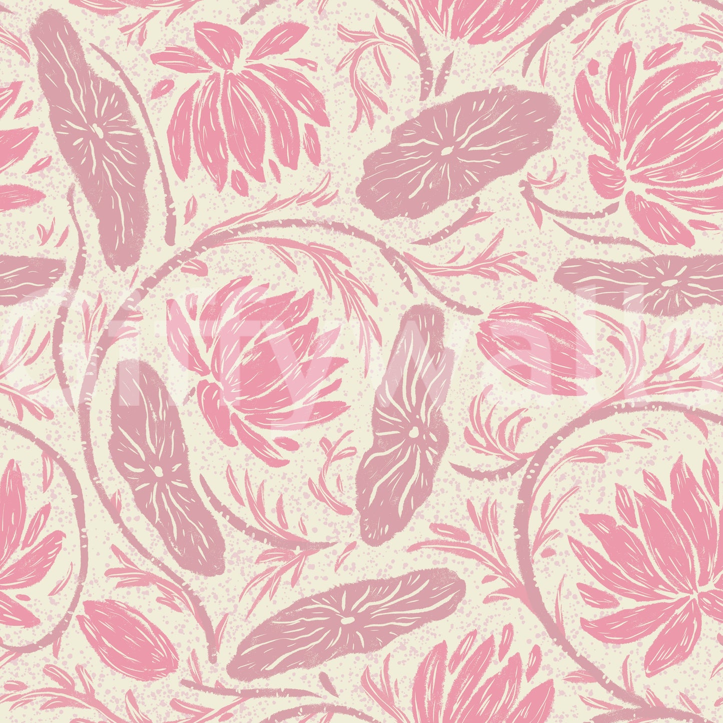 Lotus - Botanical Trailing Water Lily Floral Block Print- Monochromatic Pink Wallpaper