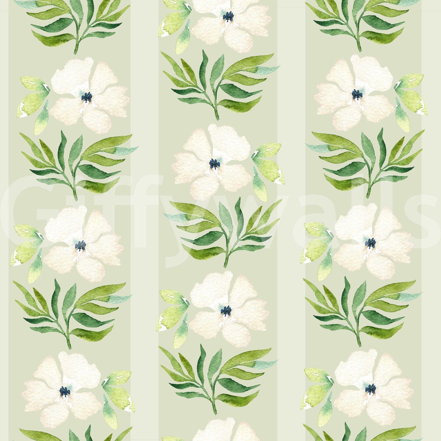 Watercolor Sage Floral Stripe Wallpaper