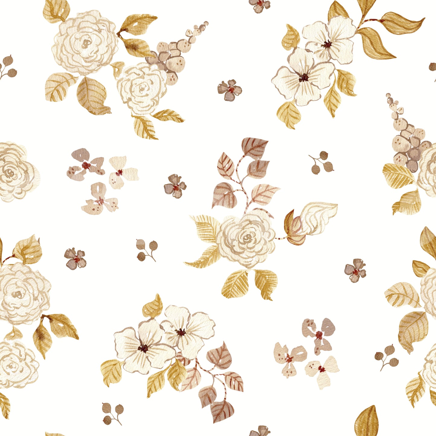 Papel pintado botánico de rosas otoñales en acuarela