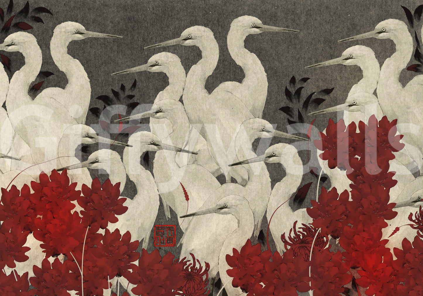 Crimson Crane Assemblage Floral Wall Mural