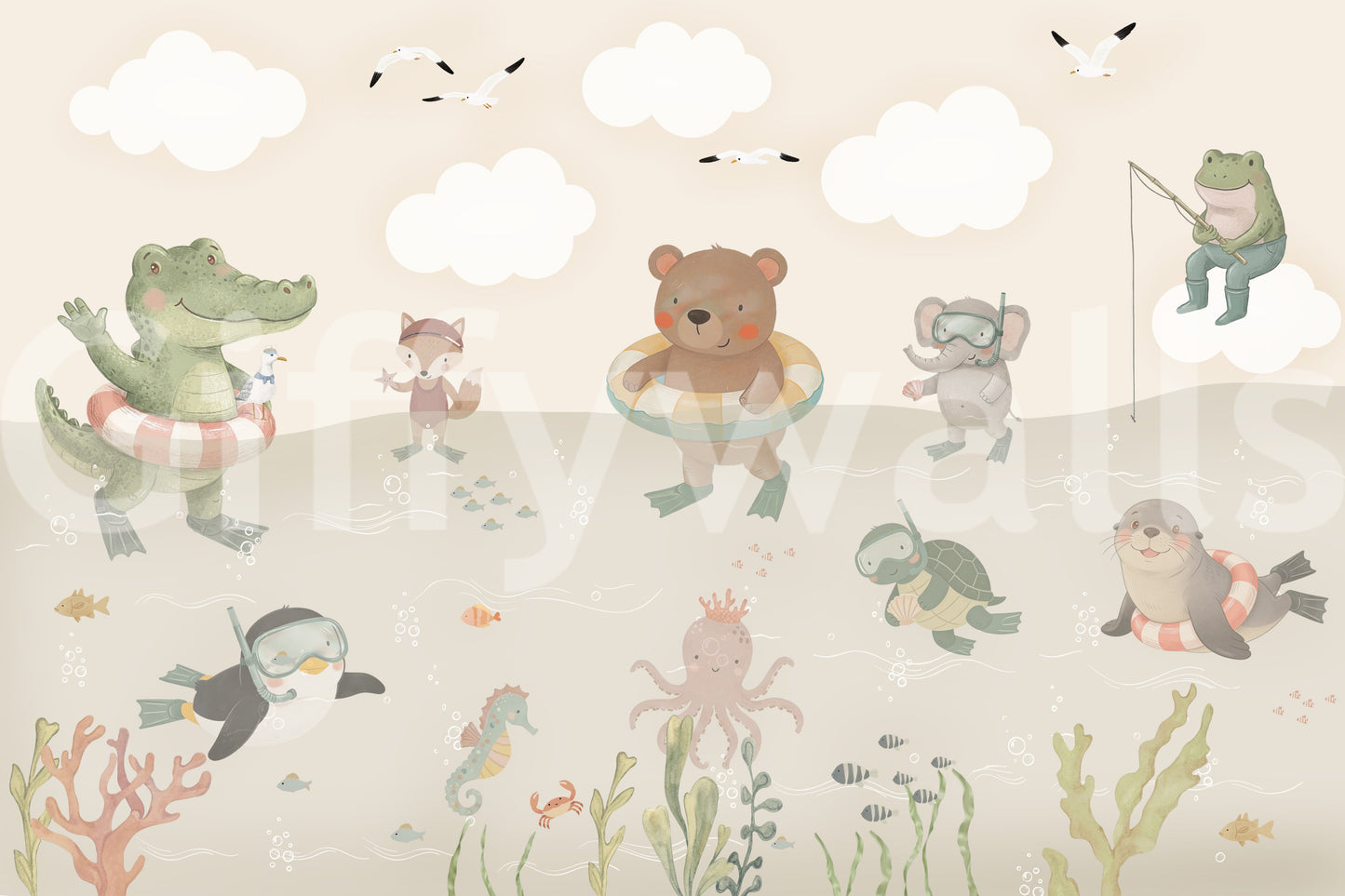 Fresque murale illustrée d’adorables amis de l’océan ludiques