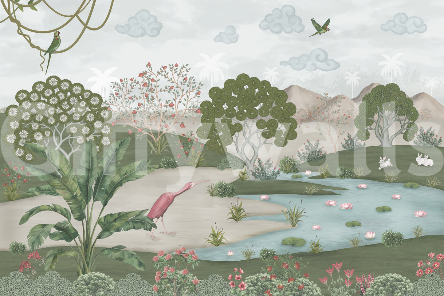Fresque murale illustrant un ruisseau paisible dans la jungle