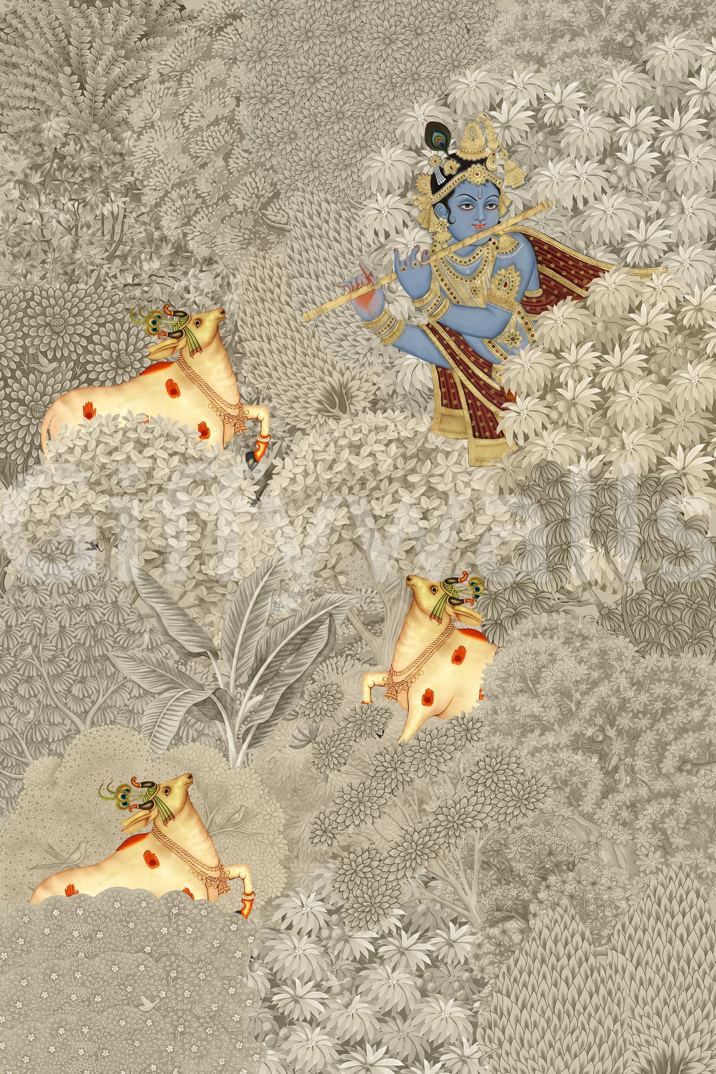 Murale da parete con scena della foresta di Krishna e delle mucche