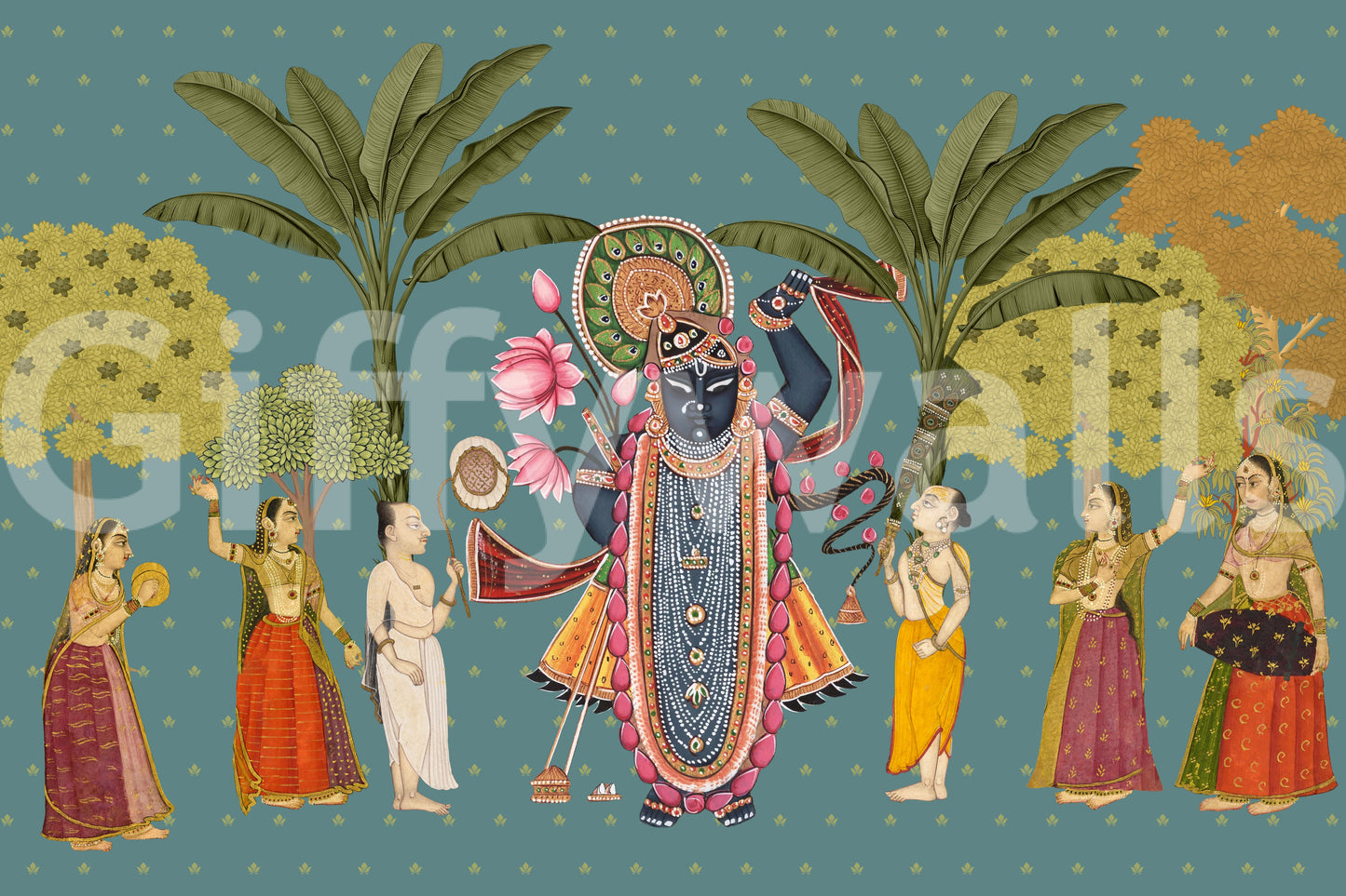 Krishna Divine Garden Illustration Wall Mural