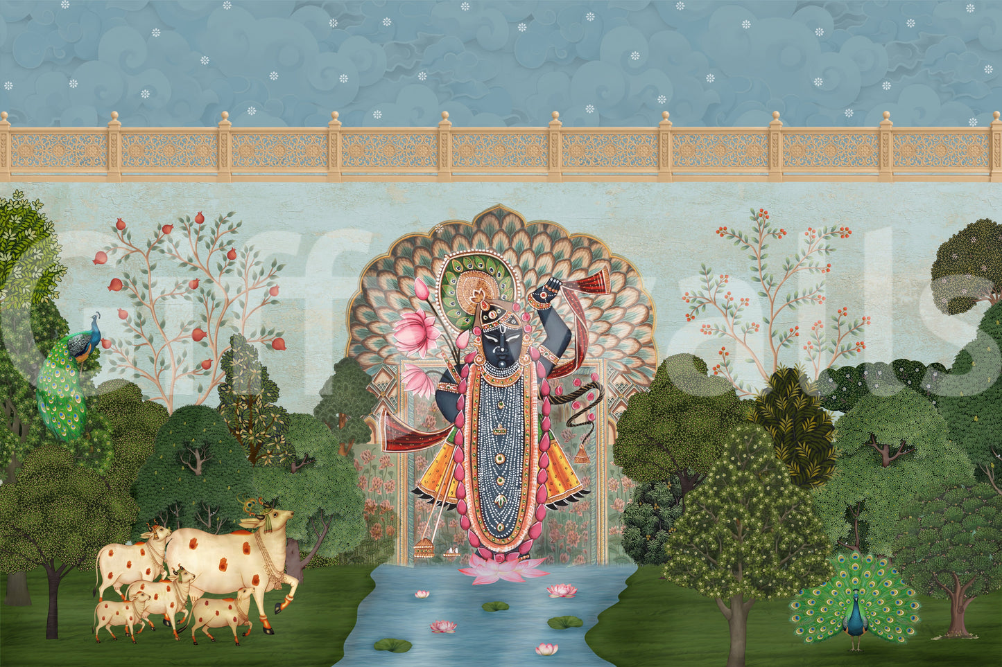 Papier peint panoramique Krishna, jardin divin et paysage