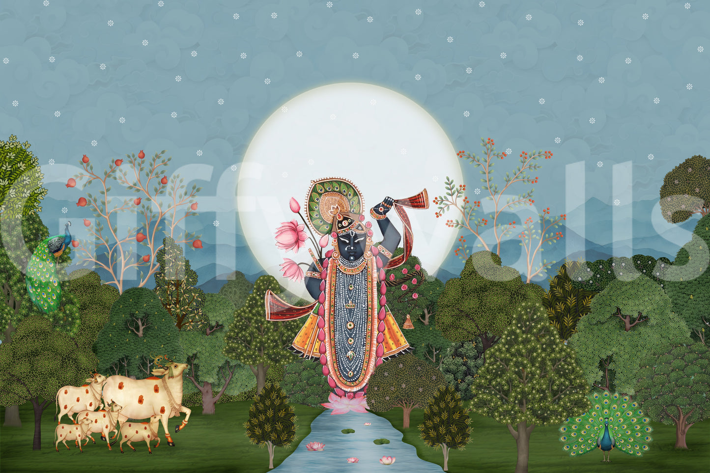 Fresque murale de jardin forestier au clair de lune divine