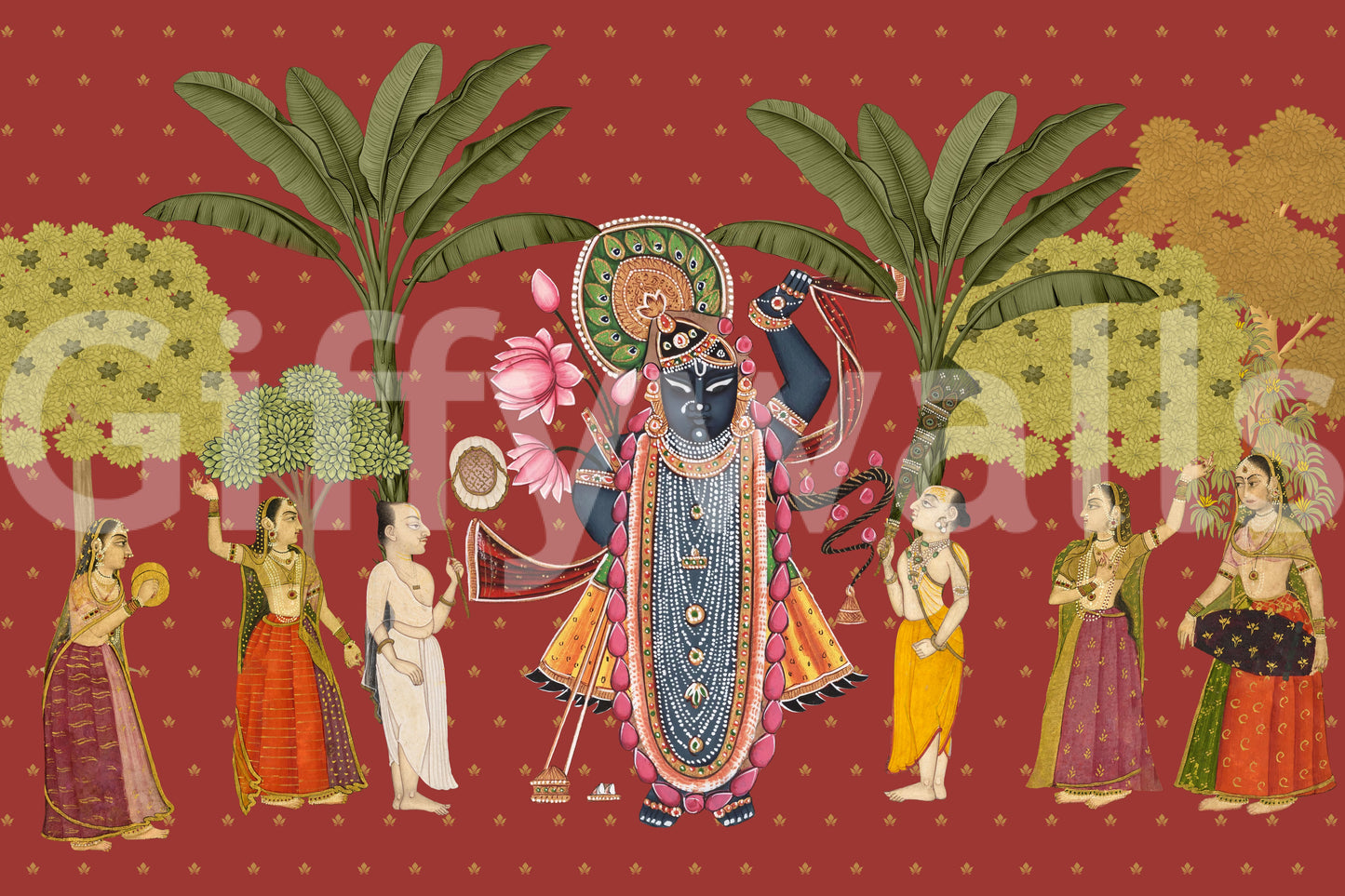 Traditionel indisk kunst med Krishna og gopierne som vægmaleri