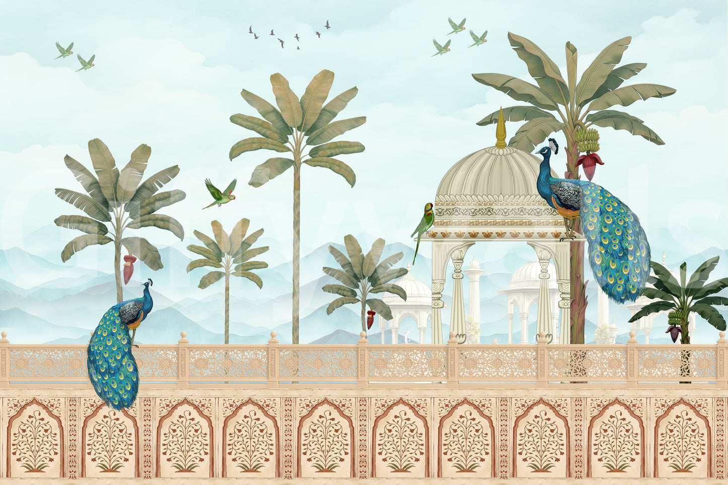Exotic Mughal Pavilion and Peacocks Wall Mural