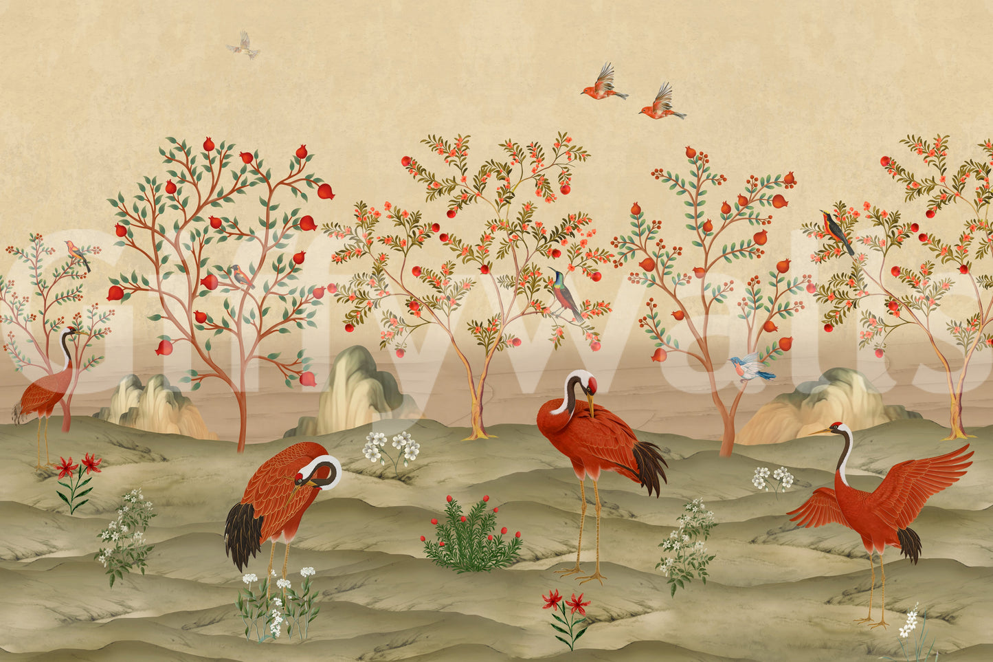 Crimson Cranes in Pomegranate Grove Wall Mural