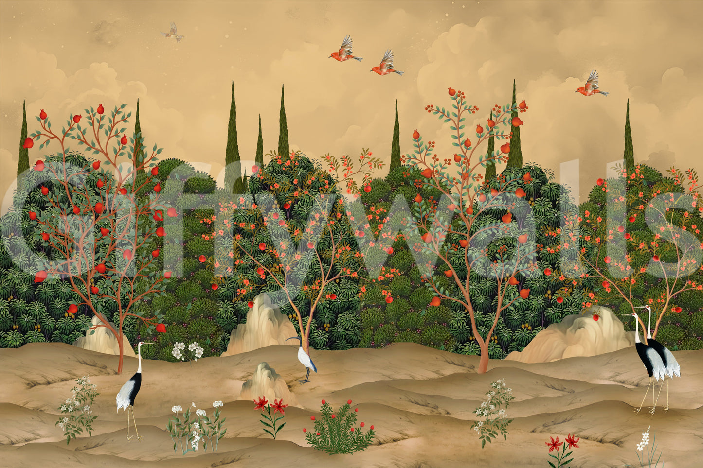 Botanische Granatapfelhain-Illustration als Wandbild