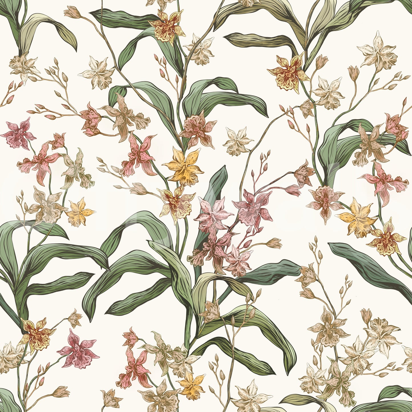 Papier peint vintage avec sentier d’orchidées botaniques