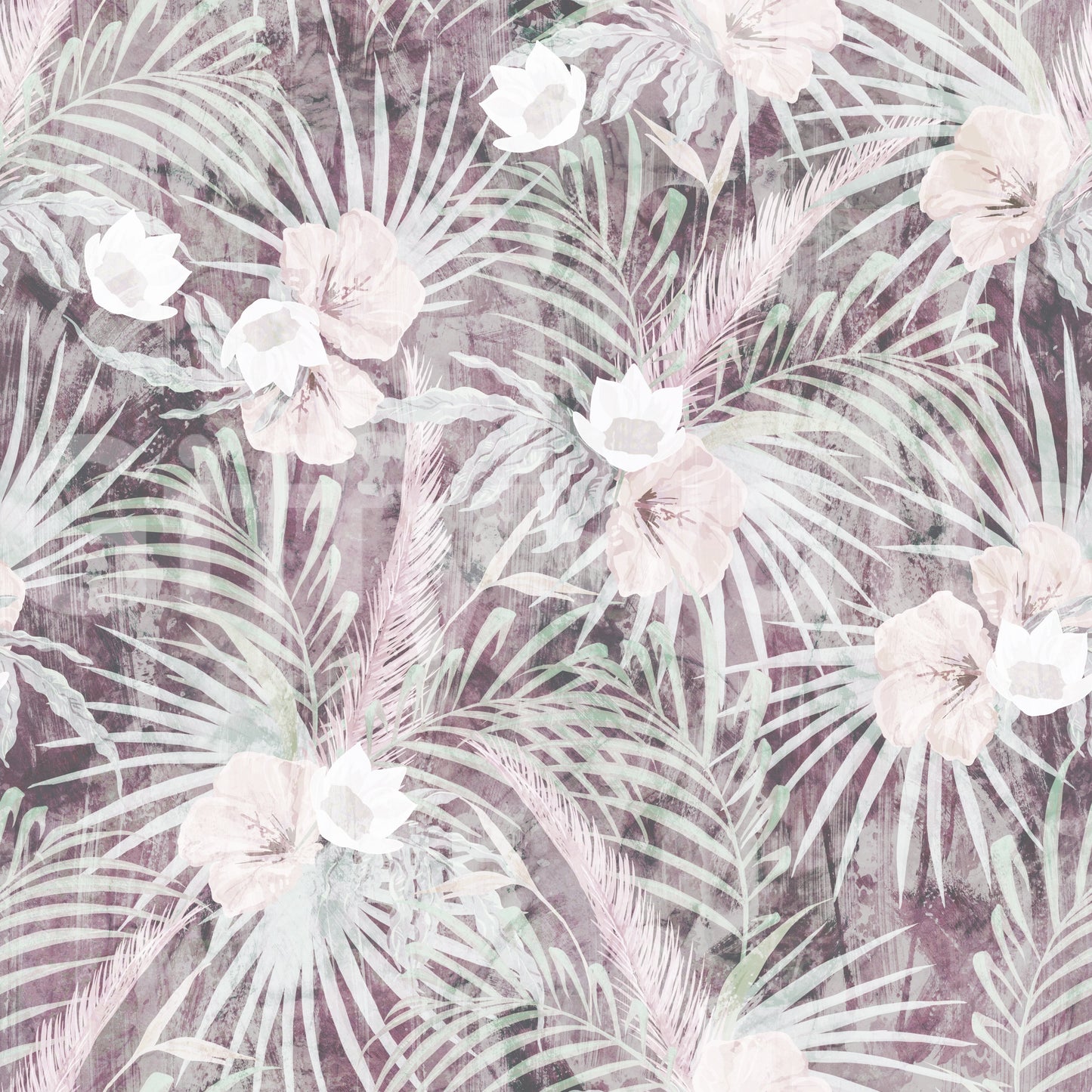 Papier peint tropical discret avec palmiers et motifs floraux flottants