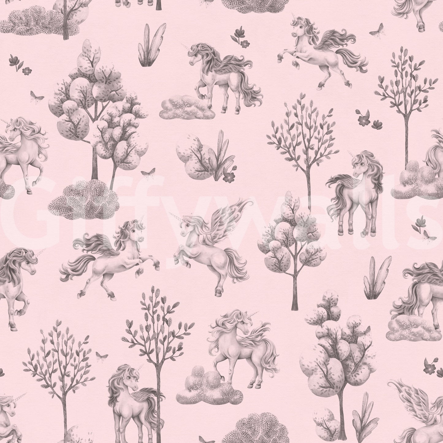 Betoverd eenhoornbos in blushbeige behang afdrukken