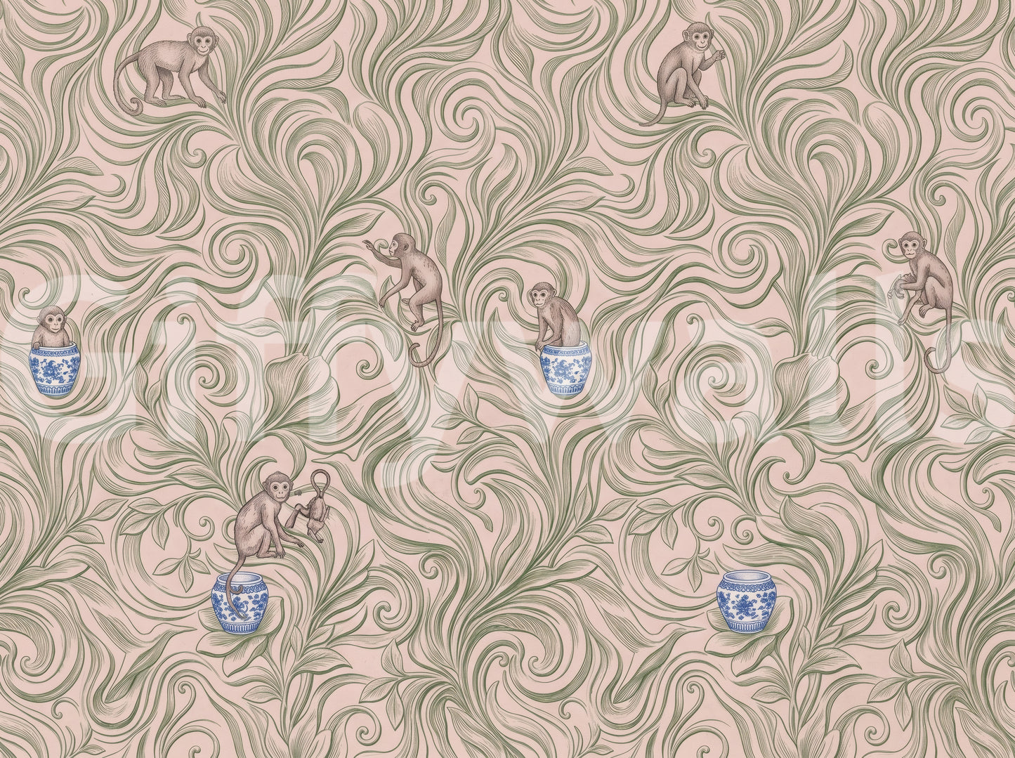 Mural panoramique mural représentant des singes espiègles dans des vases en porcelaine