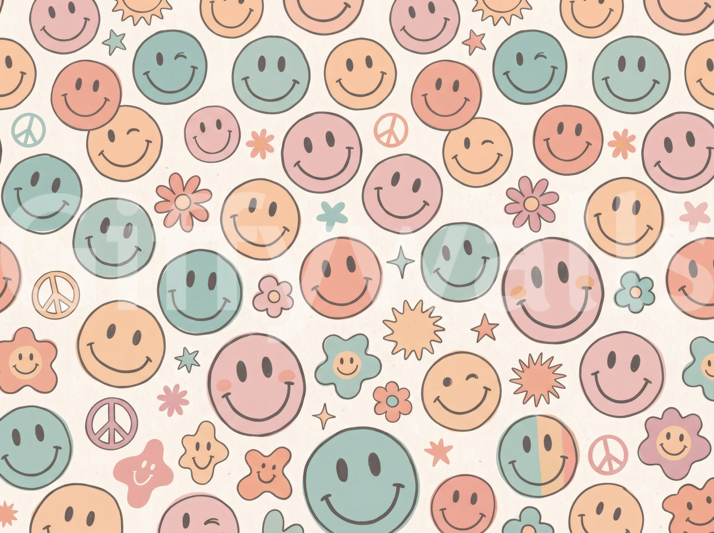 Papier peint panoramique mural rétro à visages joyeux et sourires psychédéliques