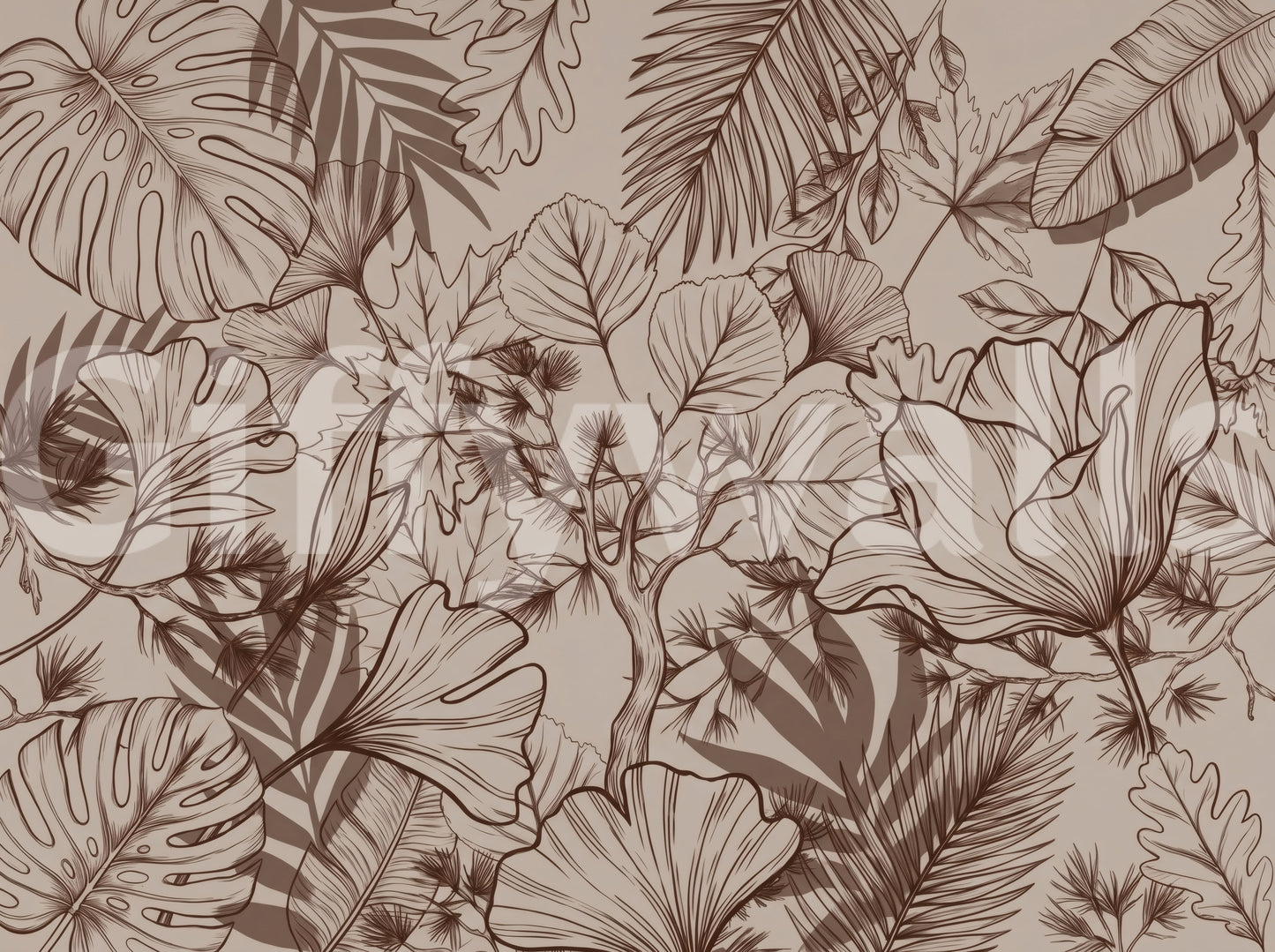 Papier peint panoramique mural botanique monochrome en dessin au trait