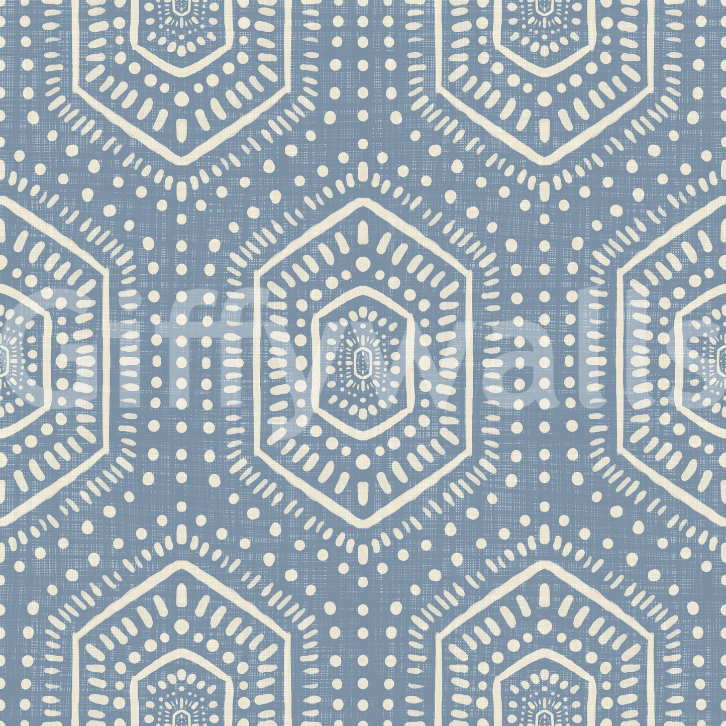 Boho-malet – abstrakt mudcloth-mønster med sekskanter, tribal geometrisk mønster, jeansjakke-blå tapet