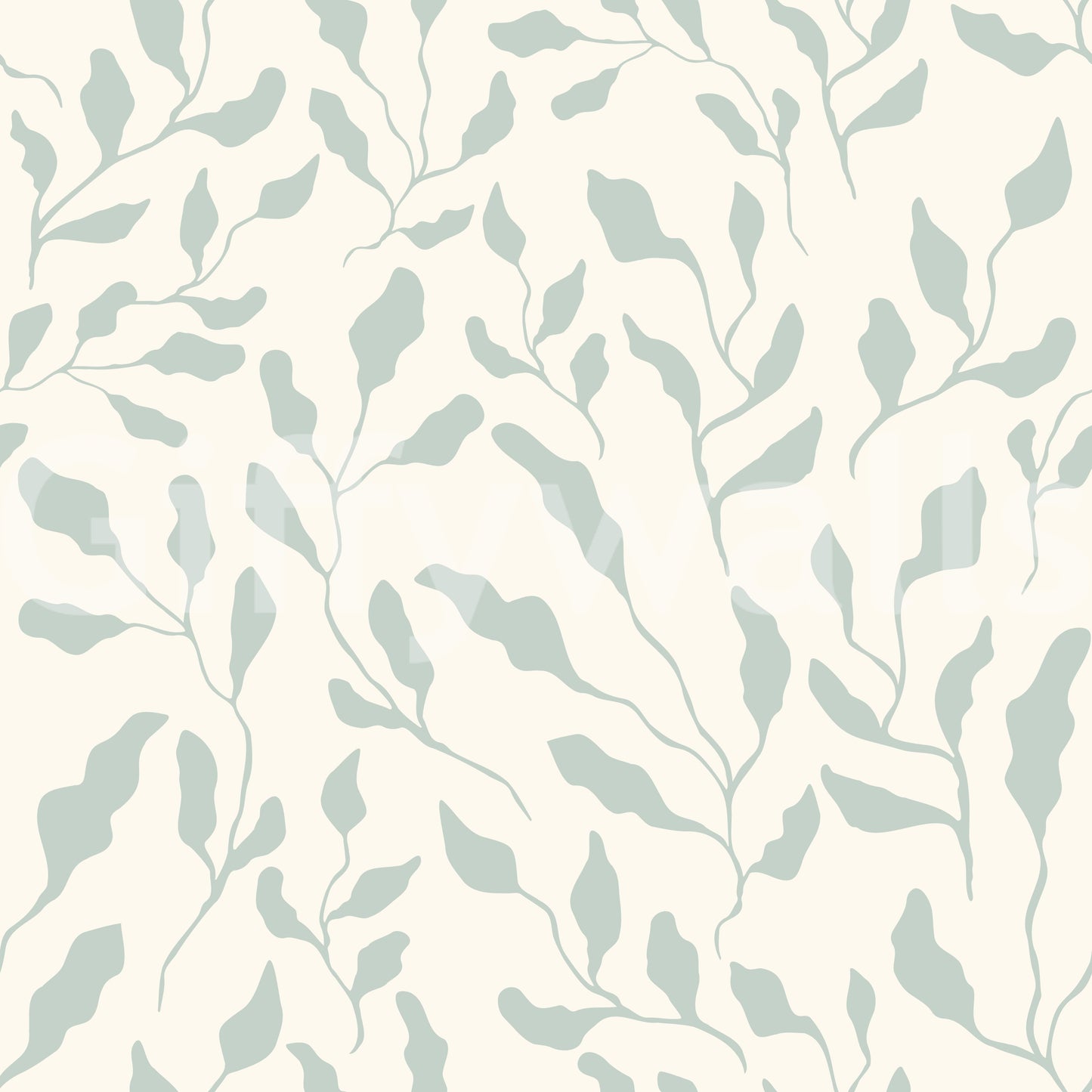 Papel de parede com padrão repetido de folhas em creme e verde-sálvia