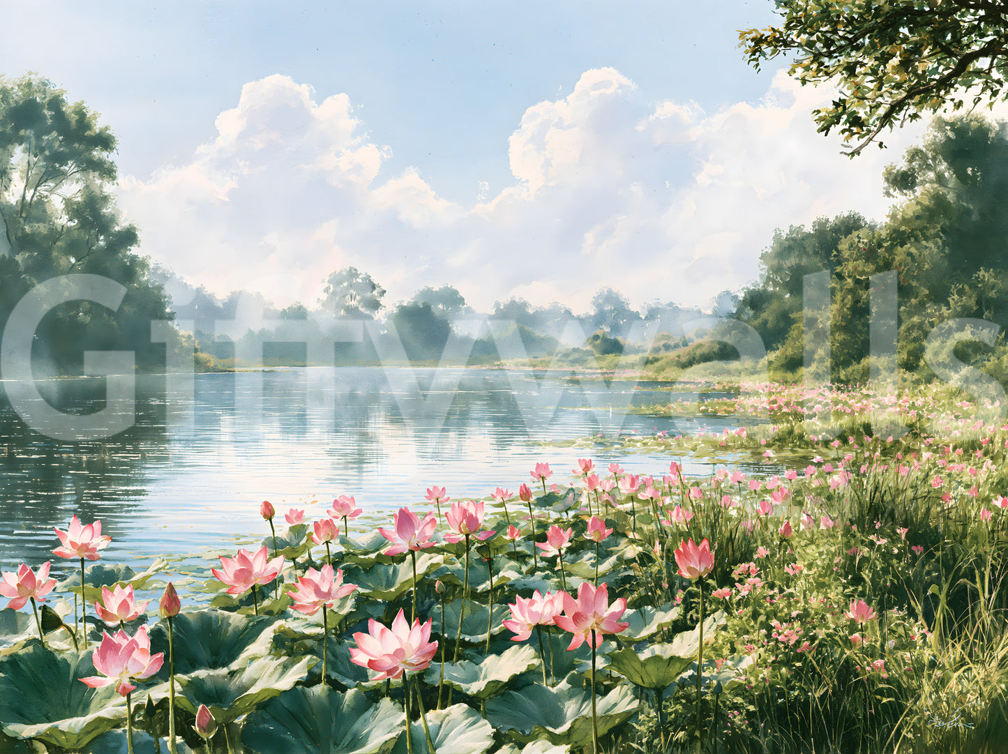 Vægmaleri med landskab af en dam med lyserøde lotusblomster