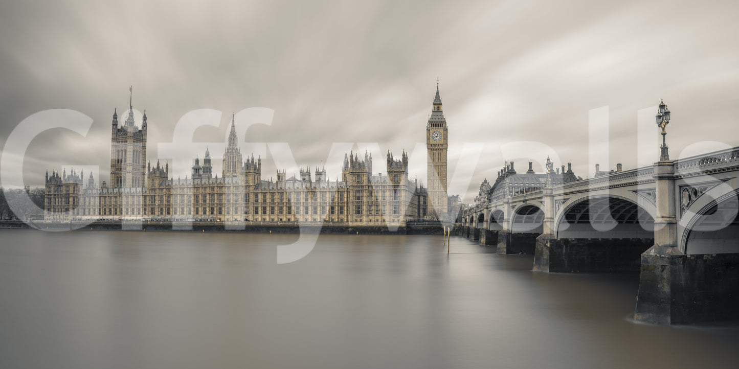 Atmosphärisches Wandbild „Westminster Big Ben“ in Panoramaansicht