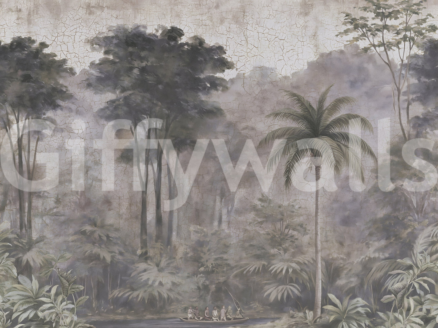 Fresque murale représentant une expédition sur une rivière brumeuse
