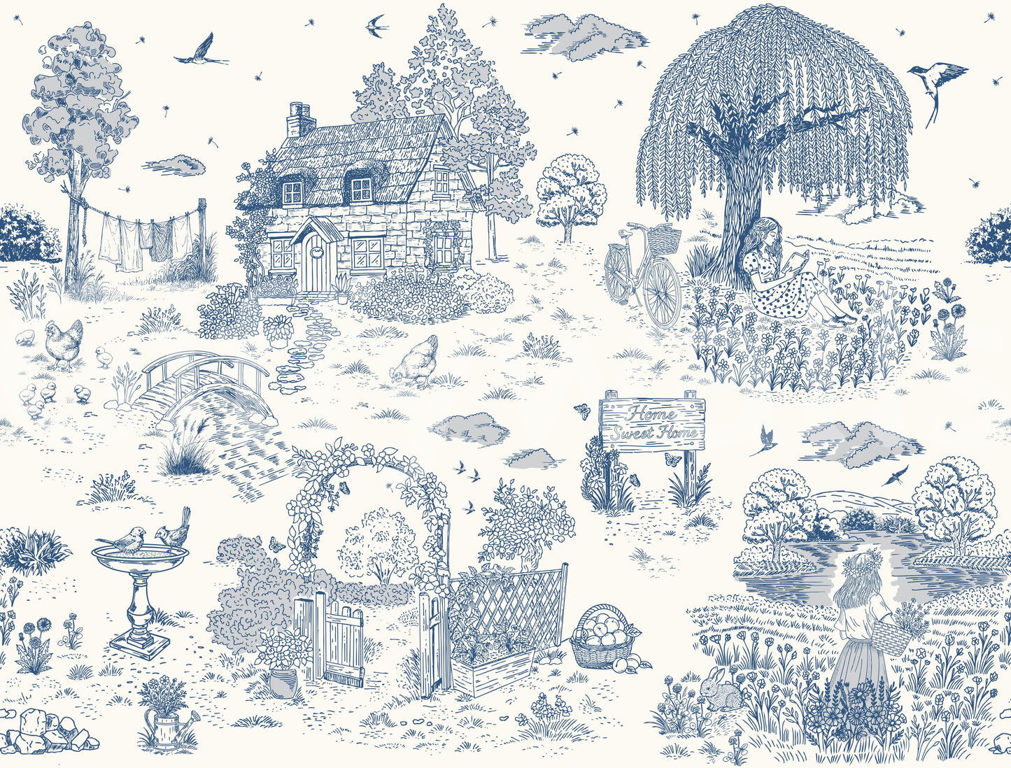 Toile de Jouy-landhusskitse-vægmaleri