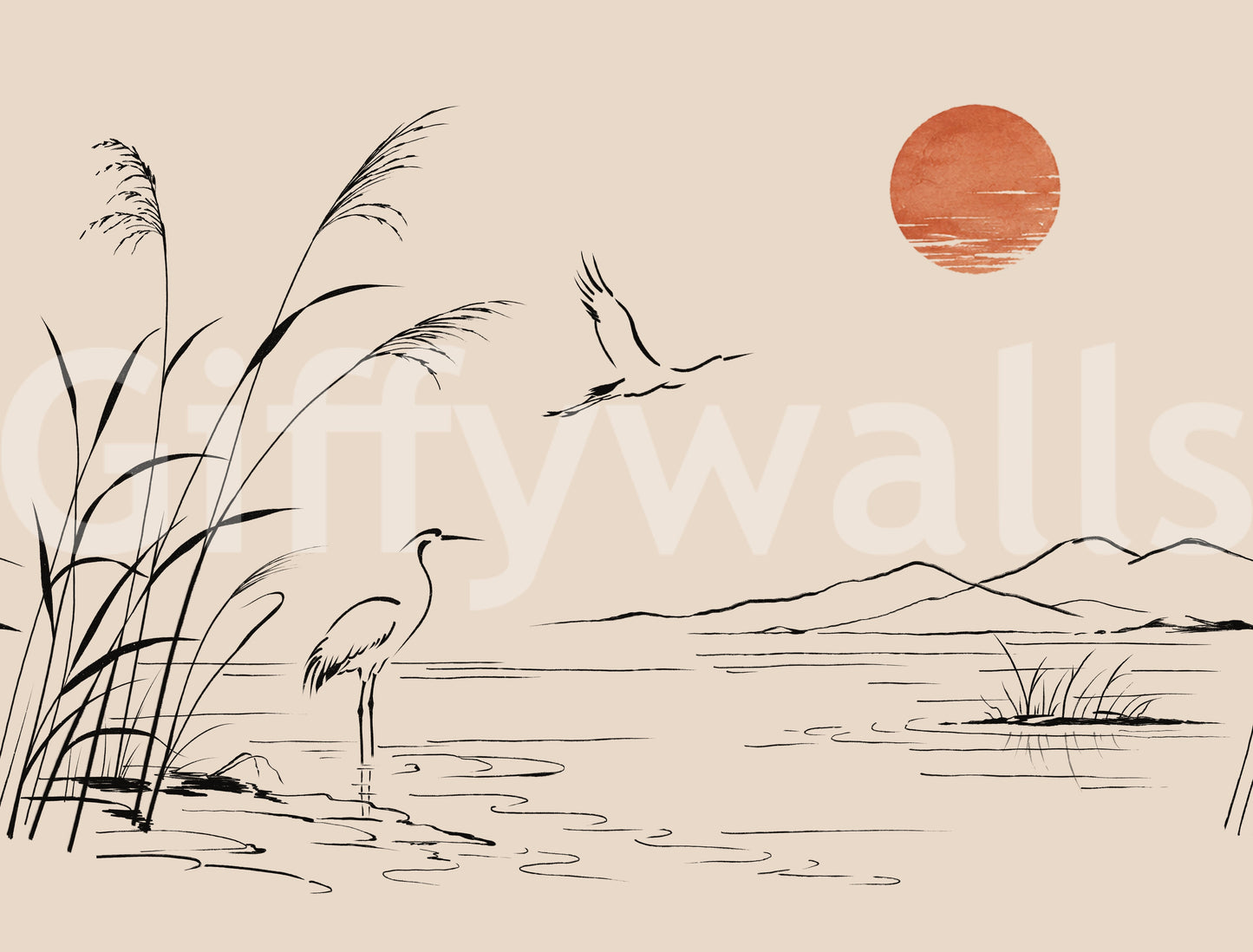 Murale da parete minimalista con paesaggio di aironi a inchiostro lavato