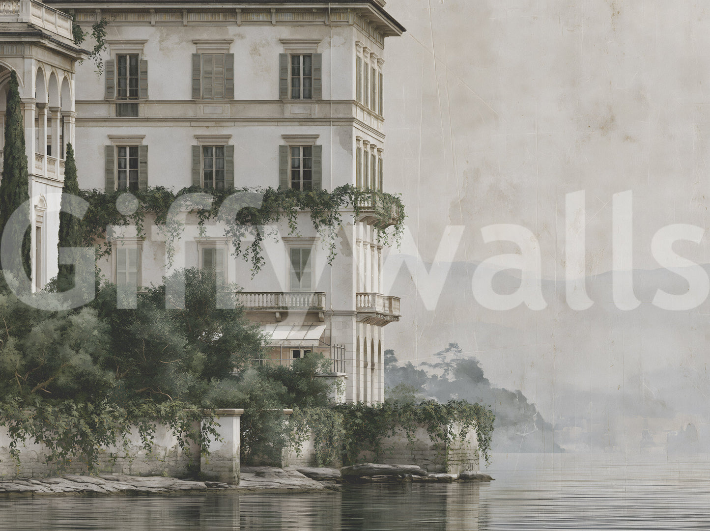 Murale da parete abbozzato di una tenuta sul lago avvolta nella nebbia