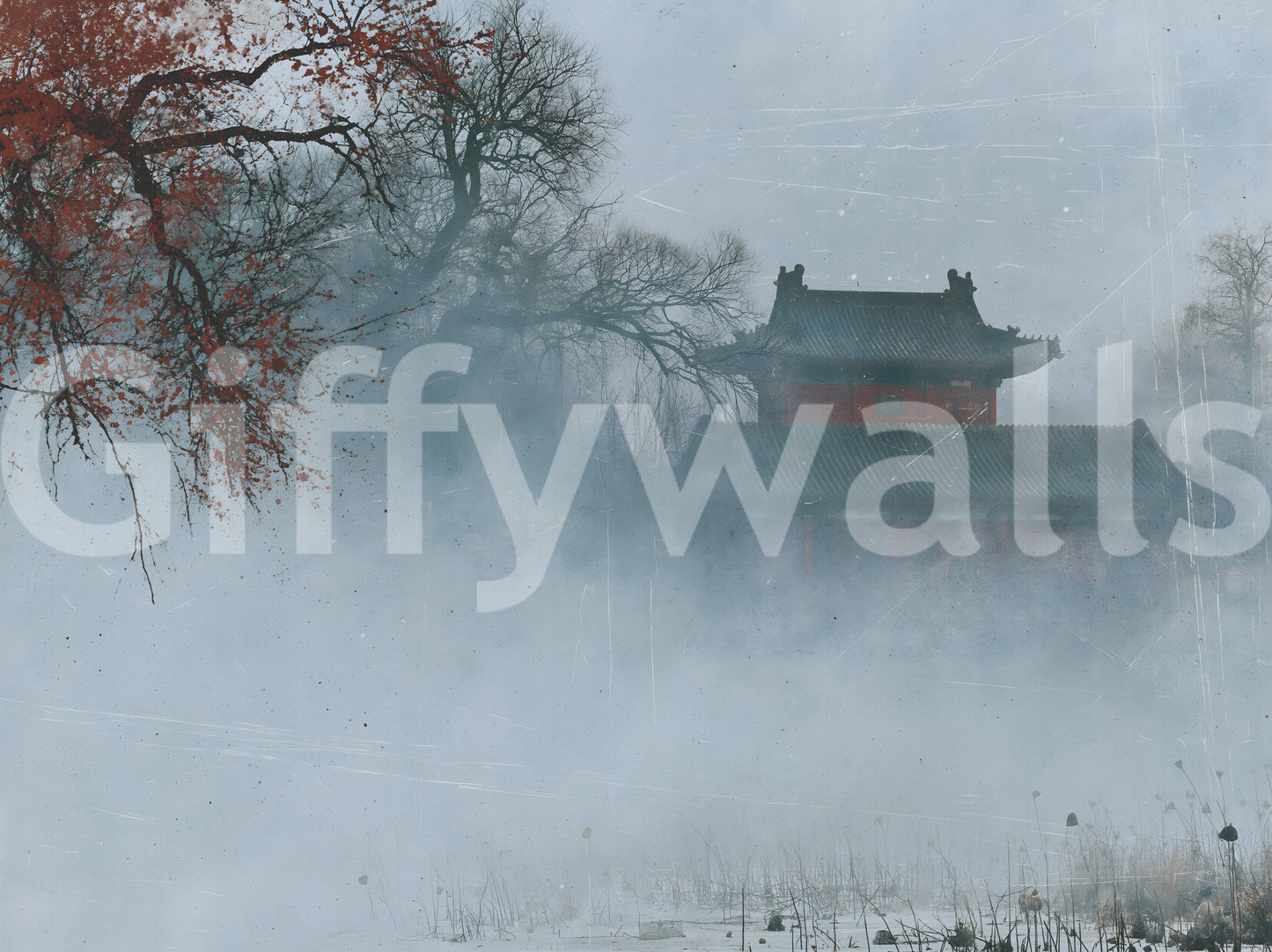 Wandgemälde „Karmesinrote Pagode im Winternebel“