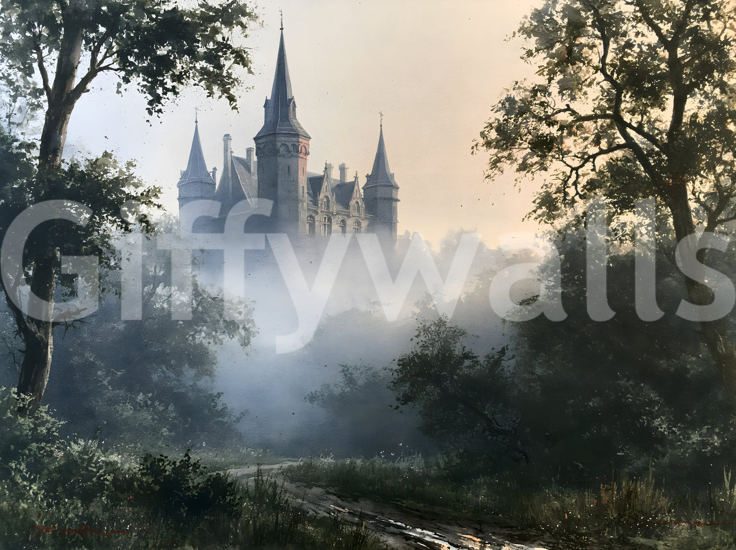 Gotisch kasteel in ochtendmist als wandmural