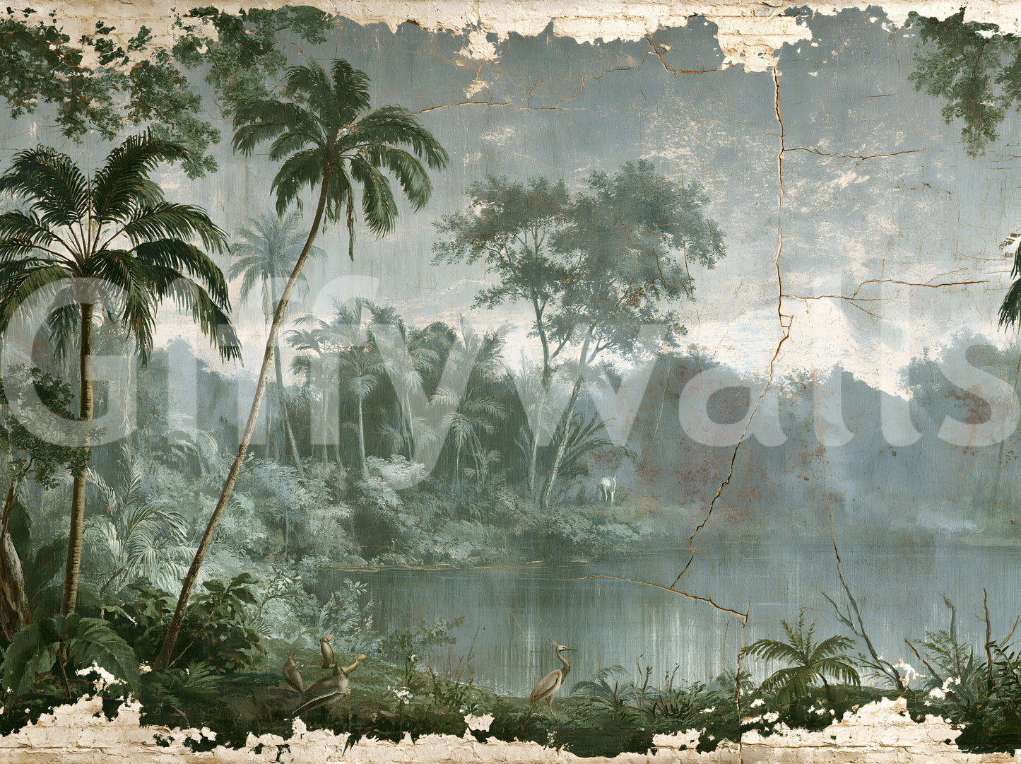 Murale da parete con scena botanica d’epoca lungo il fiume