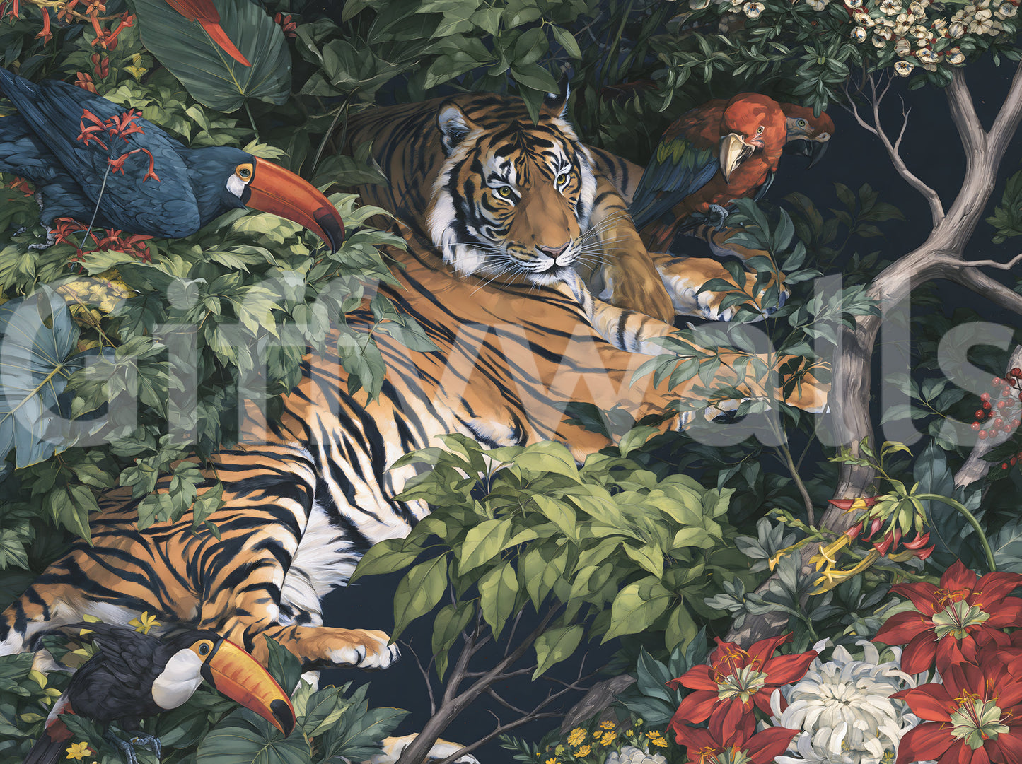Fresque murale « Jungle nocturne, tigre et toucans »